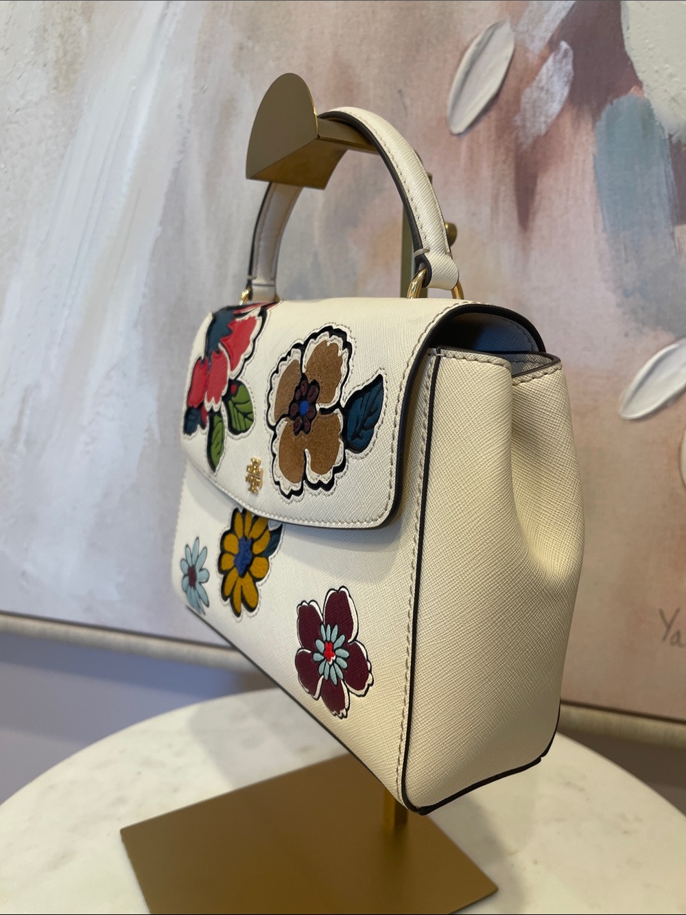 Tory Burch Cream Floral Appliqué Top-Handle Satchel - Picture 2 of 5